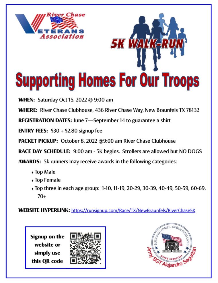 TX - 5K Walk-Run River Chase VETERANS Association @ River Chase Clubhouse | New Braunfels | Texas | United States